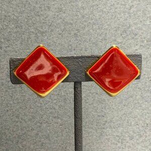 Clip On Earrings Red Enamel Diamond Square Gold Retro Vintage Classic Rockabilly